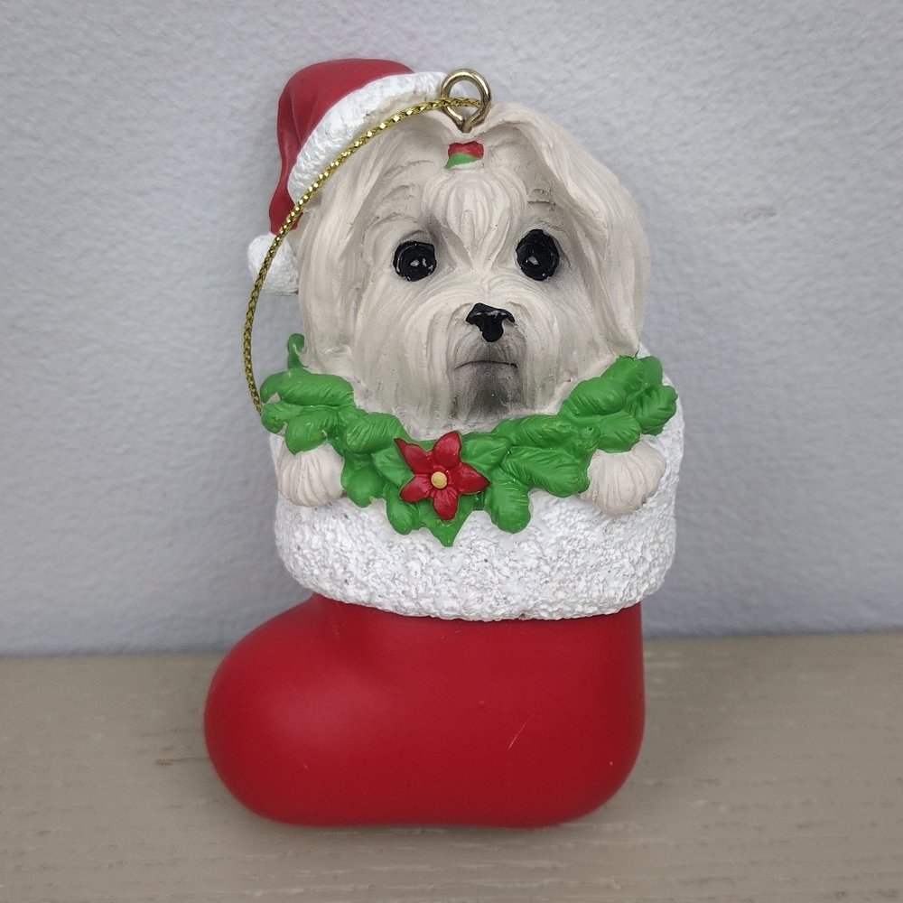 Handcrafted Christmas Dog Ornament in Red Stocking